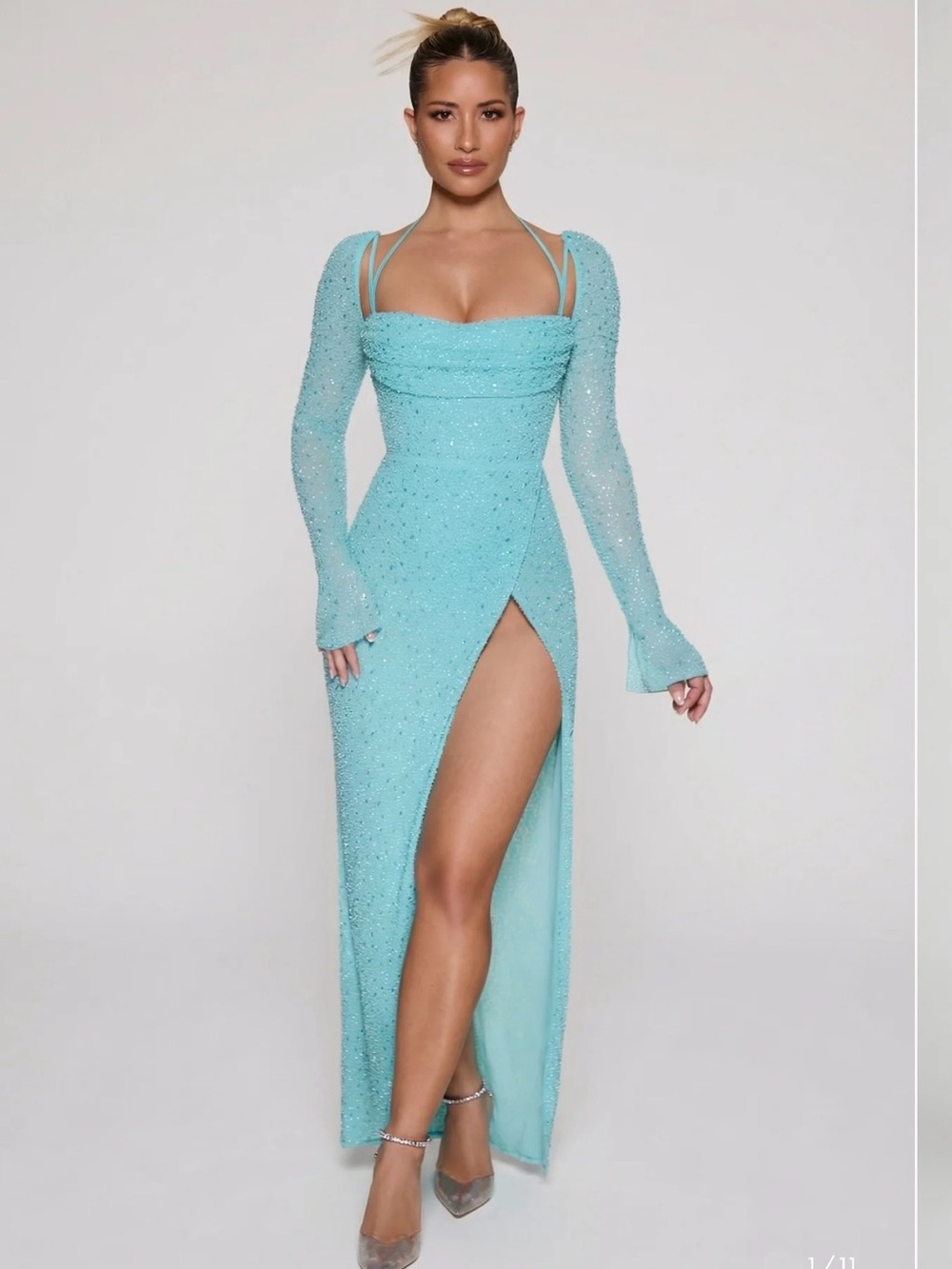 Oh Polly Aqua Beaded Maxi Dress with Long Sleeves